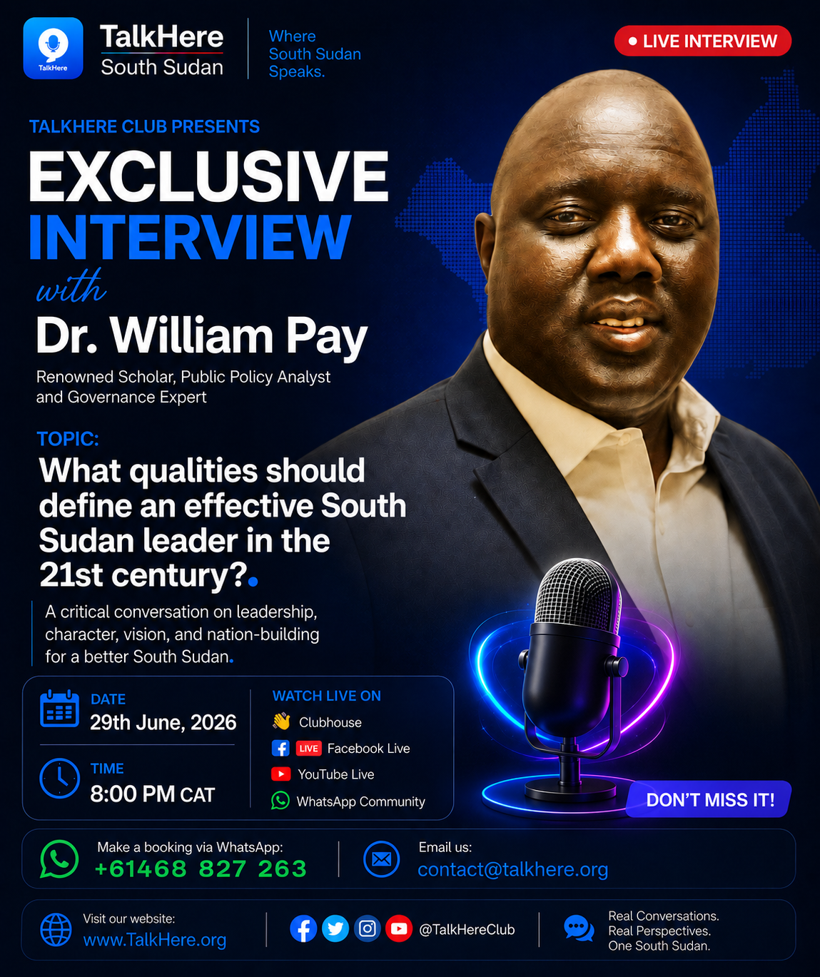TalkHere upcoming interview flyer featuring Dr. William Pay